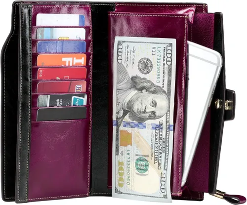 Miniatura 42 de Itslife - Cartera de piel sintética encerada para mujer con bloqueo de identificación de radio frecuencia (RFID), de gran capacidad, encerada