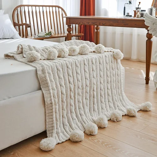 Manta de punto de felpilla gruesa con 14 piezas con pompones, súper suave, acogedora y cálida, para sofá y cama, sofá suave, 50 x 60 pulgadas