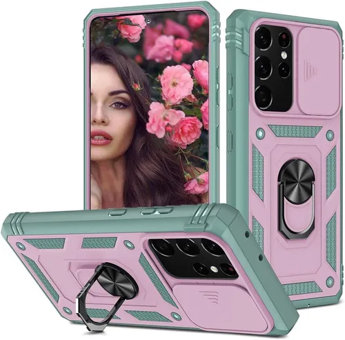 Miniatura 24 de Funda para Samsung Galaxy S22 Ultra 5G con ranura para tarjetero de cámara deslizante, grado militar, resistente, a prueba de golpes, funda de tres