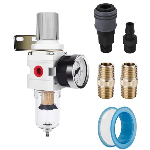 Miniatura 12 de NANPU Regulador de Filtro de Aire Comprimido Combo Piggyback NPT de 1/2", Elemento de Latón de 5 Micrones, Tazón de Polímero, Drenaje