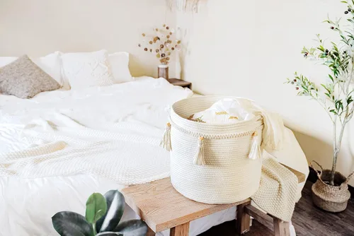 Miniatura 3 de Mkono Cesta Decorativa de Cuerda de Algodón de Macramé Boho Linda Tejida con Borlas Contenedores de Almacenamiento para Armario Organizador