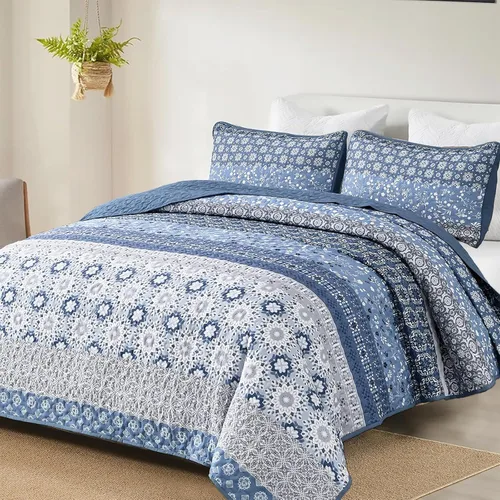 Miniatura 28 de WONGS BEDDING Juego de edredón bohemio tamaño Queen, juego de colcha de retazos a rayas bohemias aguamarina con 2 fundas de almohada, juego de ropa