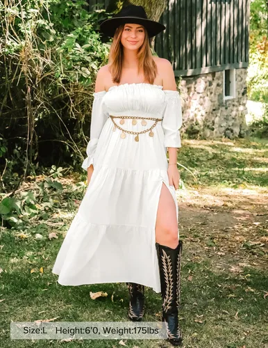 Miniatura 6 de ZESICA - Vestido largo, bohemio y sexy, con hombros descubiertos y manga larga fruncida, con elástico fruncido, cintura alta y abertura lateral