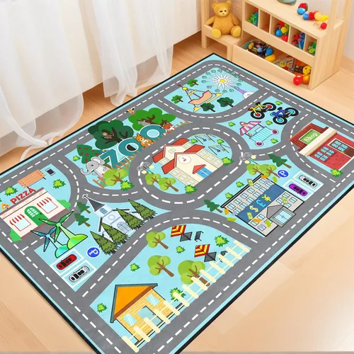 Miniatura 4 de Alfombra de carretera para habitación de niños, alfombra de juego azul para pista de carreras, alfombra de coche para dormitorio, sala