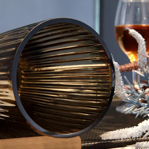Miniatura 2 de Florero cilíndrico pequeño de cristal marrón acanalado para decoración de centros de mesa de comedor de granja