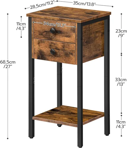 Miniatura 3 de HOOBRO Mesita de noche alta, mesa auxiliar con 2 cajones y estante de almacenamiento, mesa auxiliar de teléfono industrial para estudio, dormitorio
