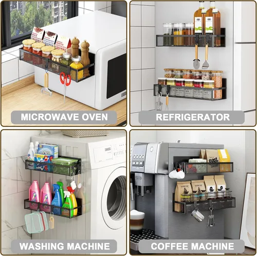 Miniatura 5 de Aufworld Estante magnético para especias para refrigerador, paquete de 2 estantes magnéticos, organizador magnético para refrigerador con 4 ganchos