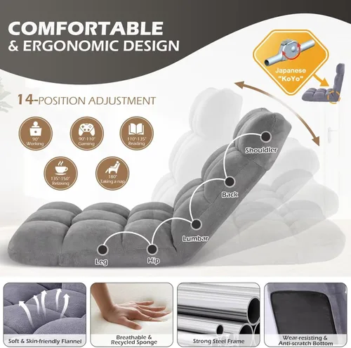 Miniatura 5 de Silla de suelo plegable Avocahom para juegos con 14 posiciones, silla de sofá perezoso ajustable con cojín, con algodón transpirable y coral de Gris