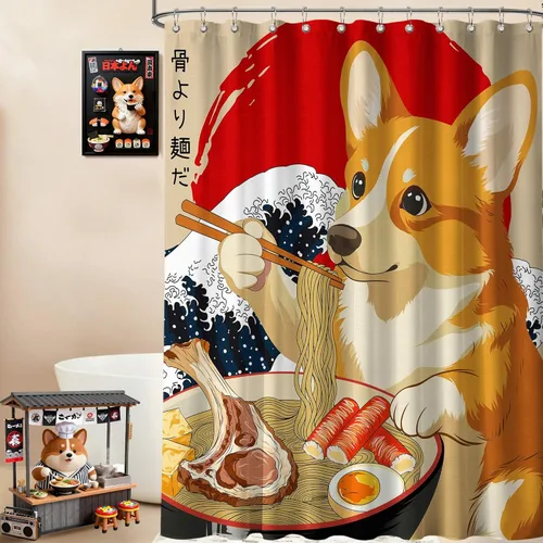 Miniatura 37 de Cortina de ducha estrecha con diseño de gato negro y animé japonés para casa rodante, juegos de decoración de baño, tela impermeable con ganchos, 36