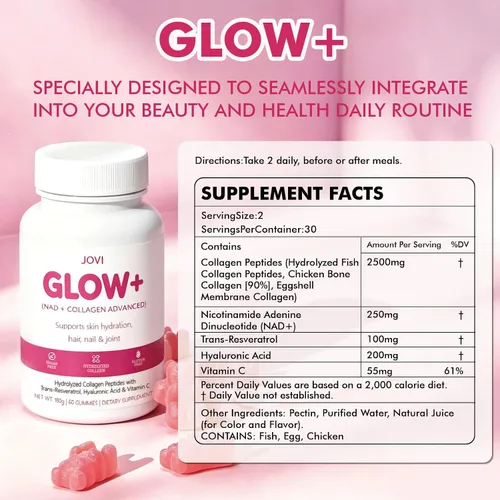 Miniatura 7 de Jovi Glow+ NAD+ - Gomitas avanzadas de colágeno hidrolizado, absorción avanzada, péptidos multitipo con resveratrol, ácido hialurónico, vitamina C