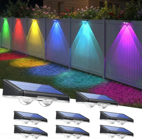 TECKNET - Luces solares para valla al aire libre, paquete de 8 unidades, blanco cálido y 6 colores y RGB, luz LED impermeable IP66 para cubierta,