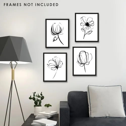 Miniatura 8 de Arte de pared de flores blancas y negras sin marco, 8 x 10 pulgadas, póster floral de dibujo simple para dormitorio, decoración de oficina en casa