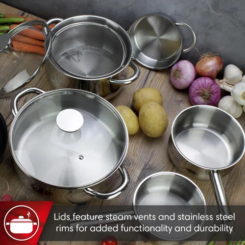 Miniatura 3 de MAGEFESA IDEAL - Juego de utensilios de cocina de 11 piezas: 2 ollas, 2 cacerolas, 2 mini sartenes, 2 sartenes, colador de malla, acero inoxidable