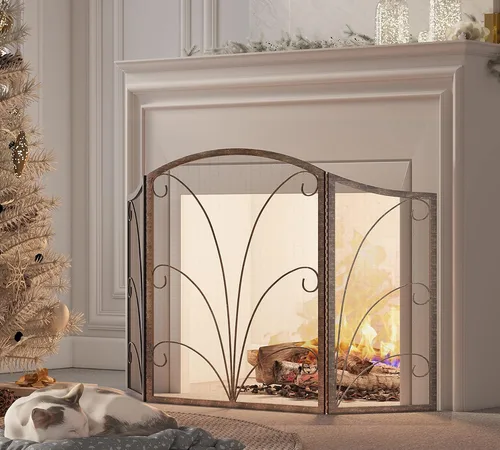Miniatura 10 de Kingson - Pantalla para chimenea de 3 paneles con arco decorativo, hecha a mano, de hierro forjado con espiral, cubierta protectora contra chispas