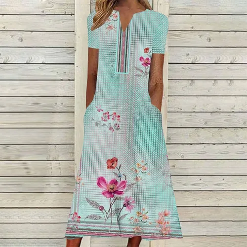 Miniatura 2 de Dress for Women Summer Casual Flowy Dress Split V Neck Short Sleeve Floral Print Pocket Midi Dresses
