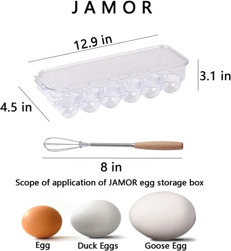 Miniatura 2 de JAMOR Caja de almacenamiento de huevos de 12 rejillas para refrigerador, bandeja para huevos con tapa, estante apilable para huevos, caja