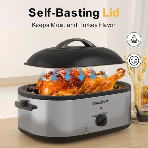 Miniatura 2 de Horno tostador Royalcraft con tapa autobásica, asador eléctrico de 18 cuartos con bandeja y parrilla extraíbles, horno tostador de pavo con función