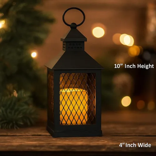 Miniatura 5 de Juego de 12 faroles de granja de 10 pulgadas decorativas negras con vela LED sin llama, temporizador de 5 horas, resistente a la intemperie, luces
