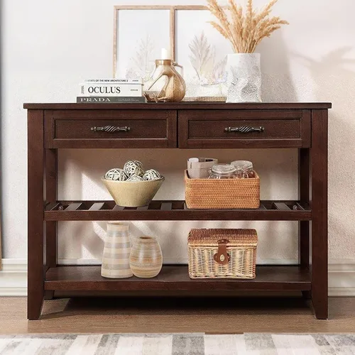Miniatura 13 de LKTART Mesa consola de madera maciza con cajones de almacenamiento y estantes, mesas de sofá, mesa de entrada para sala de estar, detrás del sofá
