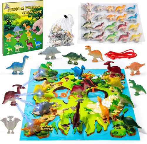 Dinochez - Juego de ajedrez de dinosaurio, 20 piedras de dinosaurio y bolsa de almacenamiento portátil, juegos de mesa de estrategia para juegos