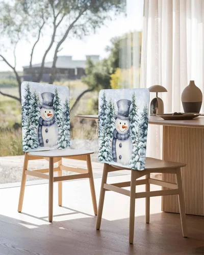 Miniatura 3 de Paquete de 4 fundas para respaldo de silla de muñeco de nieve de Navidad azul para sillas de comedor, lavables y extraíbles, protector de silla