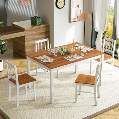 Miniatura 3 de MU Juego de mesa de comedor de 5 piezas para 4, sillas rectangulares de madera de cocina con patas de madera de goma, juego de comedor de granja que