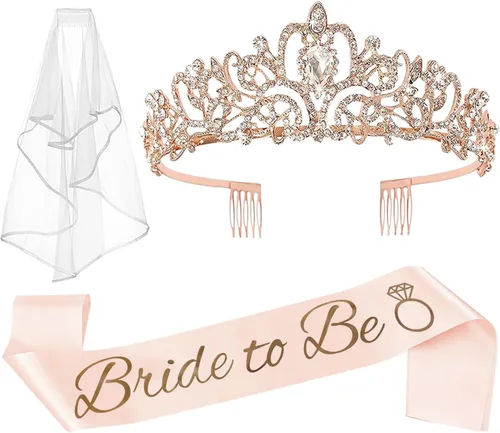 Miniatura 7 de JETKONG 3 Piezas Decoraciones de Despedida de Soltera Corona de Ducha Nupcial, Banda y Velo de Novia para Mujeres Regalos de Despedida de Soltera