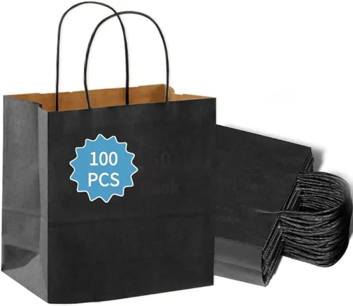 COGLARING 100 bolsas de regalo negras con asas, bolsas de papel kraft de 11 x 5.9 x 11 pulgadas para fiestas, compras, comestibles y comida para