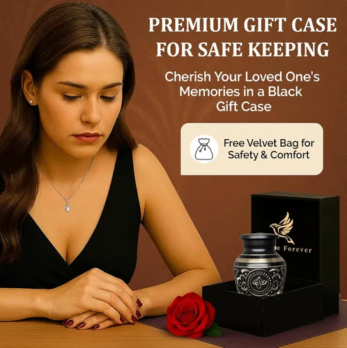 Miniatura 4 de Urnas pequeñas para cenizas humanas, recuerdo funerario grabado a mano de latón con elegante acabado negro, mini conmemorativo de cremación