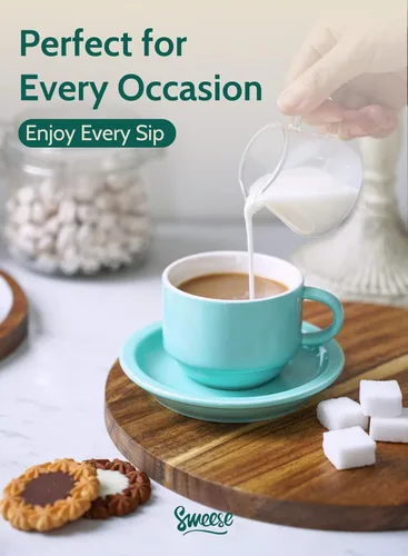 Miniatura 5 de Sweese - Juego de 4 tazas de espresso apilables de porcelana de 4 onzas con platillos y soporte de metal, color turquesa