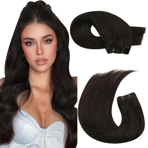 Miniatura 25 de Moresoo - Extensiones de cabello humano real cosidas, Remy, lacio, doble trama, color negro jet, 14 pulgadas, 3.53 onzas