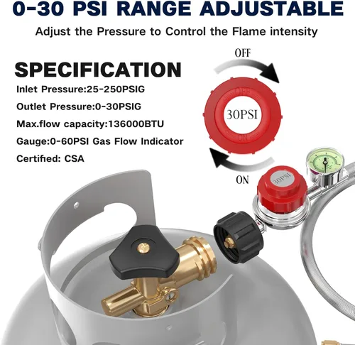 Miniatura 5 de Regulador de propano de alta presión ajustable de 5 pies 0-30 PSI con medidor, indicador de flujo de gas de 0~60 PSI, manguera de propano de acero