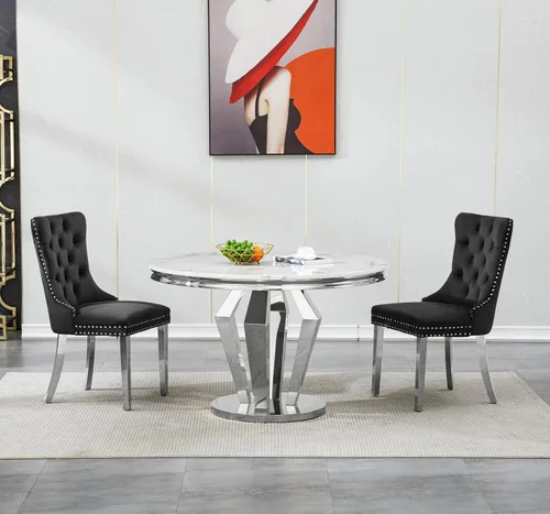 Miniatura 26 de Henf Juego de mesa de comedor redonda de mármol para 6, moderna mesa de comedor de 45 pulgadas con base de acero inoxidable con diseño de diamante