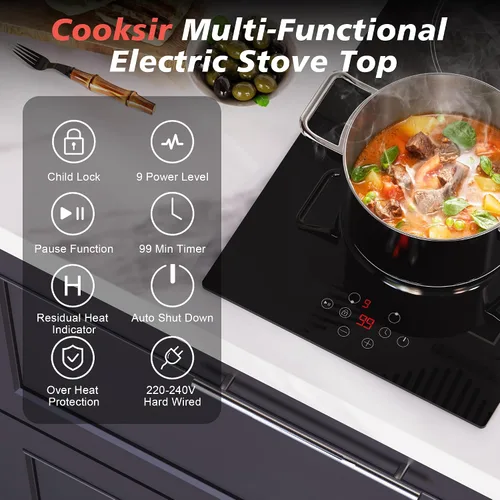 Miniatura 6 de Cocina eléctrica de 2 quemadores, 12 pulgadas, 3000 W, estufa eléctrica de cerámica de doble quemador con 9 niveles de potencia, bloqueo