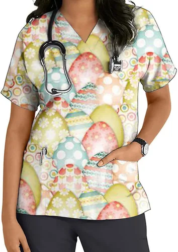 Miniatura 2 de Flower Print T Shirt for Women Fall Summer Short Sleeve V Neck Work Scrub Easter Tops T Shirt Women 2023 Fashion