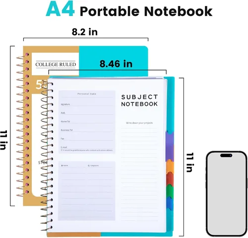 Miniatura 7 de CAGIE Cuadernos de espiral para trabajo escolar con pestañas divisorias extraíbles, cuaderno de 5 materias de 8.5 x 11 pulgadas, a rayas