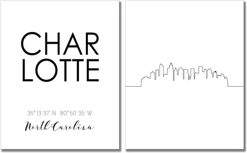 Póster minimalista de Charlotte City Skyline - Juego de 2 fotos de arte (8 x 10)