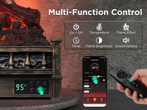 Miniatura 5 de TURBRO Eternal Flame - Calentador eléctrico de cuarzo infrarrojo WiFi de 26 pulgadas con sonido crujiente, troncos de madera de limón realistas