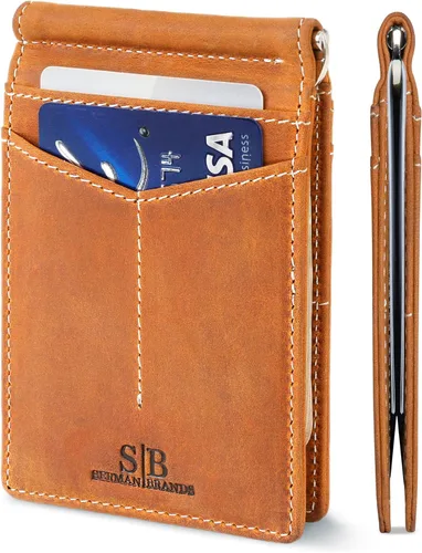 Miniatura 7 de SERMAN BRANDS Billetera con bloqueo RFID delgada de dos pliegues – Carteras minimalistas de cuero genuino con bolsillo frontal para hombres con clip
