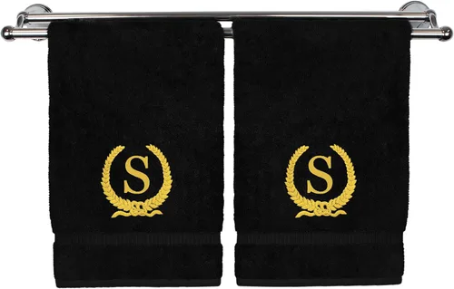 Toalla de mano con monograma, regalo personalizado, 16 x 30 pulgadas, diseño de corona dorada bordada con letra blanca en toalla negra, extra