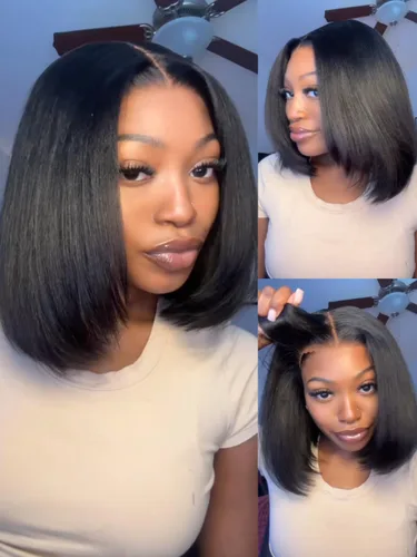 Miniatura 12 de KLAIYI Peluca de cabello humano con encaje frontal precortada 7x5, corte Bob en capas, corte romo, cordón sin pegamento, peluca predepilada
