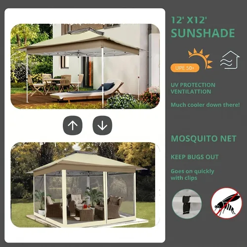 Miniatura 6 de COBIZI 12x12 Pop Up Canopy Portable Gazebo with Mosquito Nettings Upgrade Easy Up Metal Outdoor Gazebo Waterproof, 4 Ropes 8 Stakes and Carry Bag