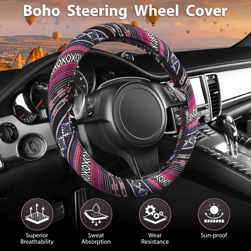 Miniatura 4 de CAR PASS Funda para Volante Estilo Bohemio, Funda Universal para Volante de Tela de Lino Étnica, Diseño Antideslizante, Se Adapta a Volantes