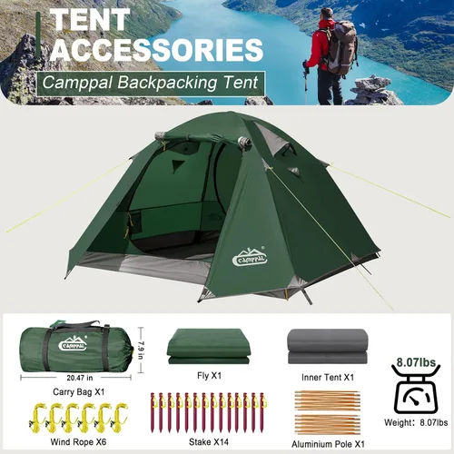 Miniatura 8 de Carpa de mochilero Camppal de 2-3 personas con puerta doble y 2 vestíbulos, impermeable, a prueba de viento, ligera, fácil de montar, para 3