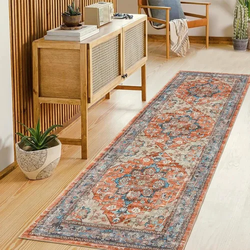 Miniatura 2 de Bsmathom Alfombra de pasillo para pasillos, antideslizante, lavable, estilo bohemio, 2 x 6 pies, alfombra de pelo bajo, alfombra vintage para Rojo