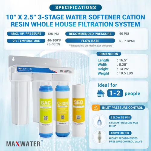 Miniatura 2 de Max Water Sistema de filtración de agua estándar de 3 etapas de ablandamiento de agua de 10 pulgadas para toda la casa – Sedimento + resina