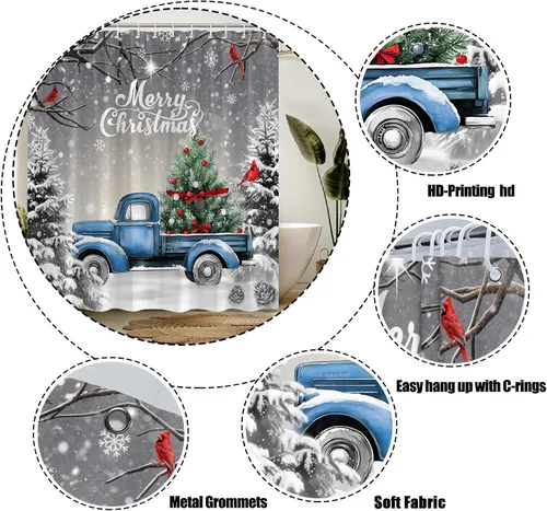 Miniatura 7 de GCTNBJL Cortina de ducha de invierno de Navidad, camión rojo y azul, árbol de Navidad, bosque gris, naturaleza, rústico, feliz Navidad, 36 x 70
