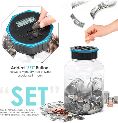 Miniatura 5 de Alcancía X-Large para adultos y niños, Vcertcpl banco digital contador de monedas con contador LCD, capacidad de 2.4L, excelente banco contador