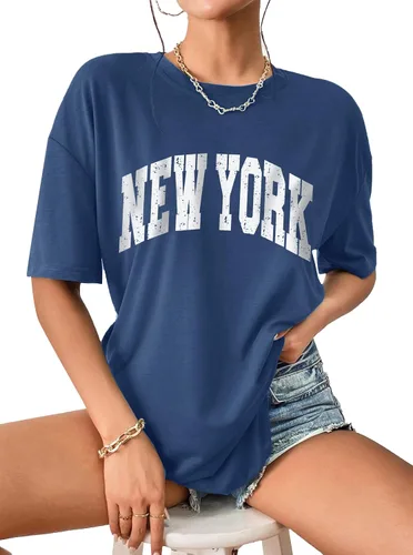 Miniatura 5 de Remidoo Camiseta casual de manga corta para mujer, de gran tamaño, holgada, con estampado de letras, blusa