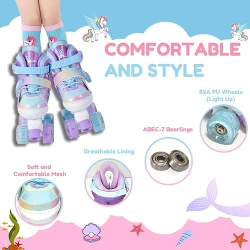 Miniatura 4 de Patines de ruedas para niñas de 3 a 12 años, patines ajustables con luz para niños pequeños, principiantes, unicornio, sirena, arco iris, regalo